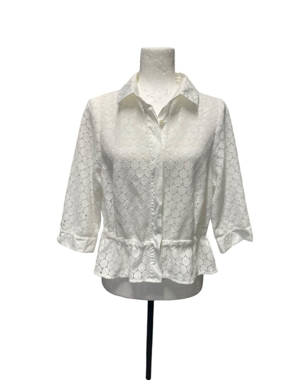 Akris Punto White Shirt Jacket 3/4 Sleeve Collared Eyelet Crochet US 12